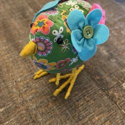 Fabric Stuffed Floral Bird With Wrapped Metal Feet