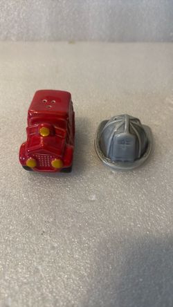 Vintage 1985 Fire Truck & Firefighter Helmet Salt Pepper Shakers