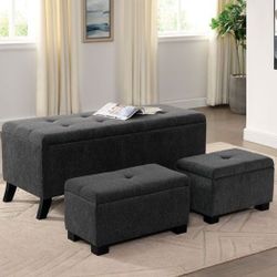 Brand New Gray 3pc STORAGE BENCH W/ OTTOMAN Includes Two Nested Ottomans