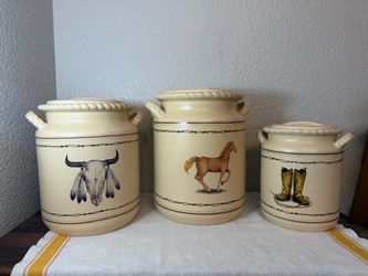 VTG Lot of 3 Southwest Western Canisters Horse,Cowboy, Boots Skull Rodeo Kitchen