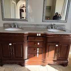 Dark Wood Double Sink Bathroom Vanity Granite Top
