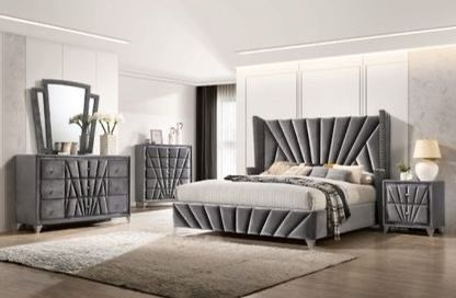 Brand New 4PC Gray Velvet Bedroom Set
