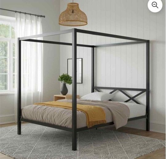 New Open Box Item Queen Canopy Platform Bed Metal Black Mattress Not Included 