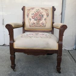 Antique Eastlake Style Victorian Parlor Arm Chair Ornate Wood Needlepoint Caster