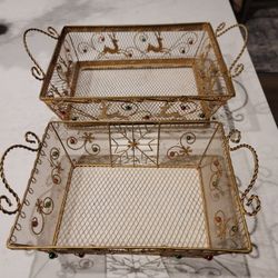 Set Of 2 Christmas Card Holder Holiday Decorative Gold Wire Beads Reindeer Baskets