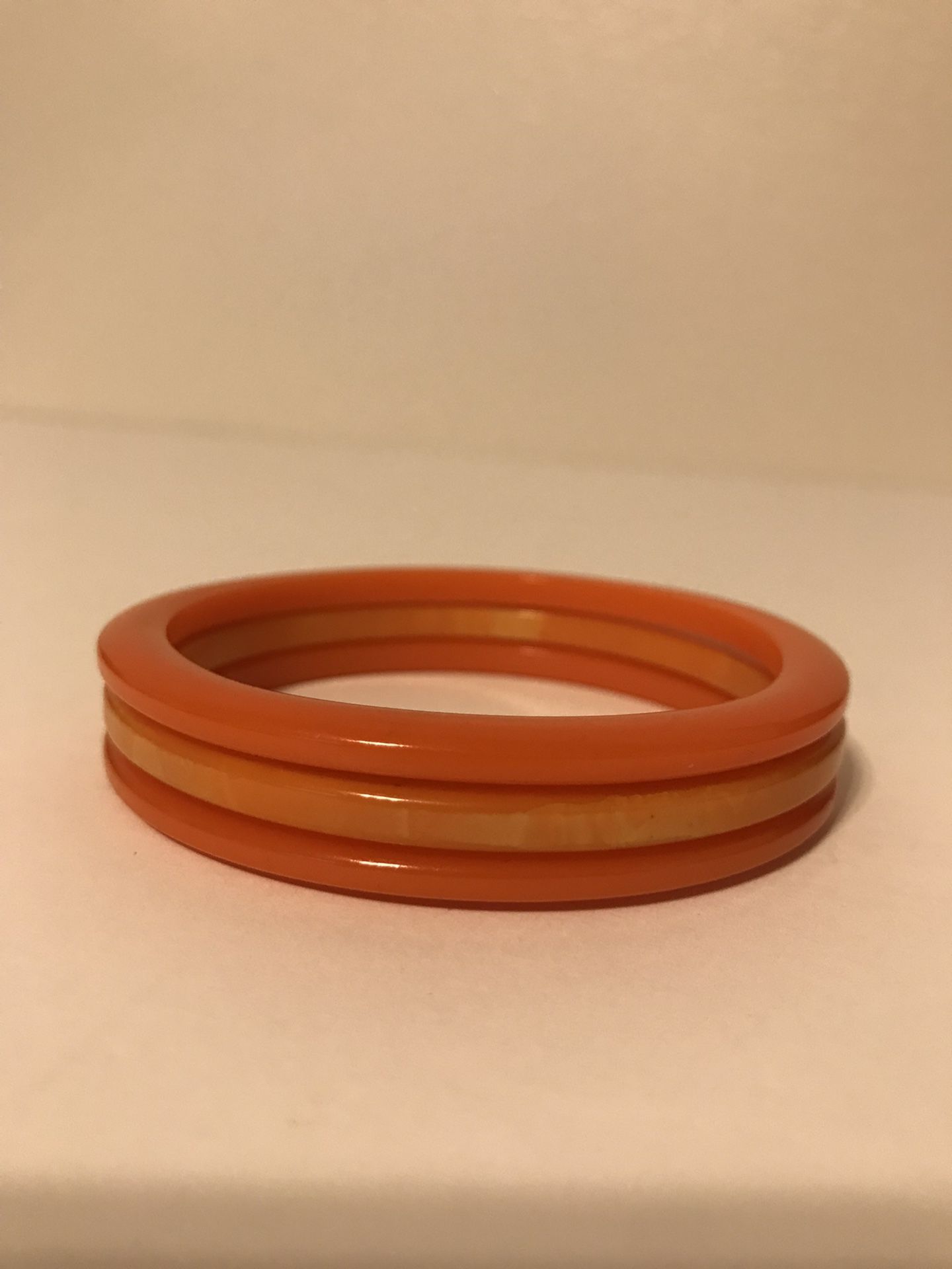 Antique Set of 3 Orange BakeLite Bangle Bracelets 3” Wide 2 1/2” Interior