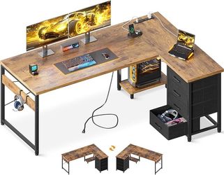 DK49 $60  L Shaped Desk with 4 Tier Drawers, 61" Reversible Gaming Desk with Power Outlets, L Shaped Computer Table with USB Charging Port and Host St