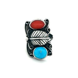 Silver Turquoise /Coral Ring