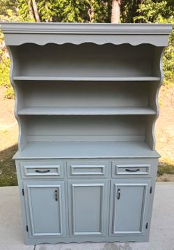 Vintage Wood Hutch Cabinet, Smoky Sage Green