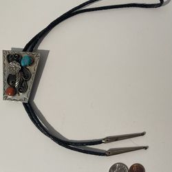 Vintage Bolo Tie Silver And Turquoise 2 1/2” Bennett