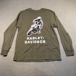 Harley-Davidson Men’s Long Sleeve Graphic Tee – Size L – Olive Green – Motorcycle Rider Print 