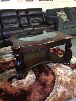 Brown Wood Coffee Table w/ glass and Silver Nailhead