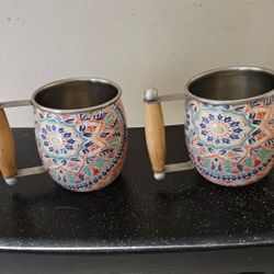 2 Tin Mugs With Design & Wooden Handles 