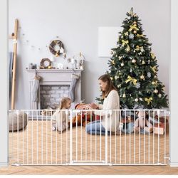Baby Gate for Stairs, Dog-gate with Auto-Close Door, Double Locking System, Hardware Mounting, Quick Assembly (81 inch White)