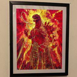 Experience the raw power of iconic cinema with this breathtaking artwork featuring Godzilla sitting amidst a blaze in Tokyo. This striking piece captu