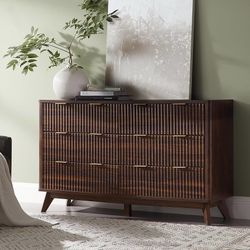 ES262 $140  Fluted 6 Drawers Dresser, 54" Wide Modern Chest of Drawers, Curved Profile Design, Dresser TV Stand, Wood Drawer Organizer for Bedroom, Li
