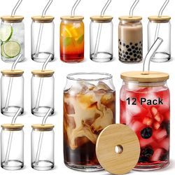 Beer Can Glass with Bamboo Lid and Glass Straw,16oz Drinking Glasses with  Lid and Straw,Can Shaped Glass Cup,Iced Coffee Cup, Beer Glass,Ideal for