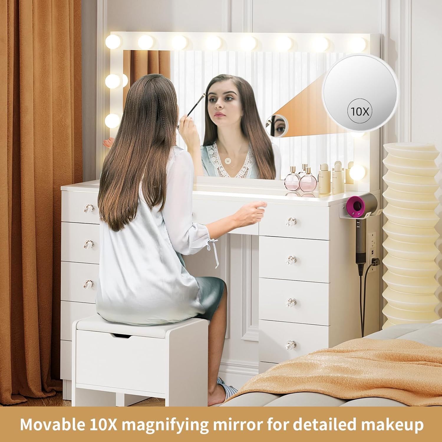 Vanity with Lighted Mirror - Makeup Vanity Desk with Glass Top and 11 Drawers, 3 Color Lighting Modes Adjustable Brightness, 46" Vanity Table with Sof