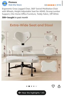Ergonomic Cross Legged Chair, 360° Swivel Meditation Chair with Wheels, Height Adjustable Seat for ADHD, Strong Lumbar Support, Chic Home Office Furni