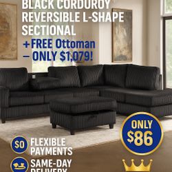 ⭐️ Beautiful Black Corduroy Reversible Sectional ⭐️ Finance With $0 Down ⭐️ Payment As Low As $86