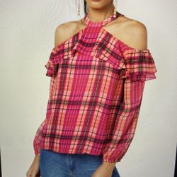 INC plaid Shoulder Cut Out Shirt 