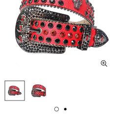 Rhinestone Black and Red Belt With Red Strap and Skull Buckles