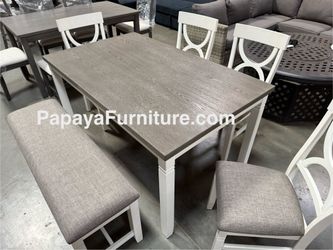 New! 6pcs Dining Set, Wooden Dining Set, Table And Chairs, Dinette Set, Table, Chairs, Bench, White Table, Farmhouse Dining Table, Casual Dining Set