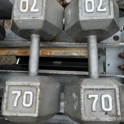 70lb Hex Iron Dumbbell Set Weights 