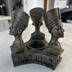 Egyptian Queen Nefertiti Triple Headed Tea light Votive Candle Holder 5.5”