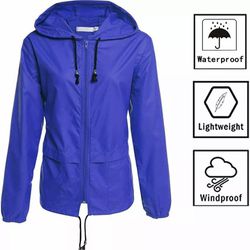 New Woman’s Women's Lightweight Hooded Raincoat Waterproof Packable Active Outdoor Rain Jacket  Royal Blue Size Large