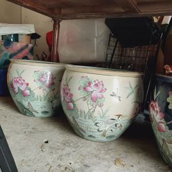 Large Asian-inspired Decorated Porcelain Cachepots Flower Pots and Wooden Stands