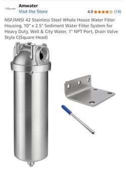 NSF/ANSI 42 Stainless Steel Whole House Water Filter Housing, 10" × 2.5" Sediment Water Filter System for Heavy Duty, Well & City Water, 1" NPT Port,