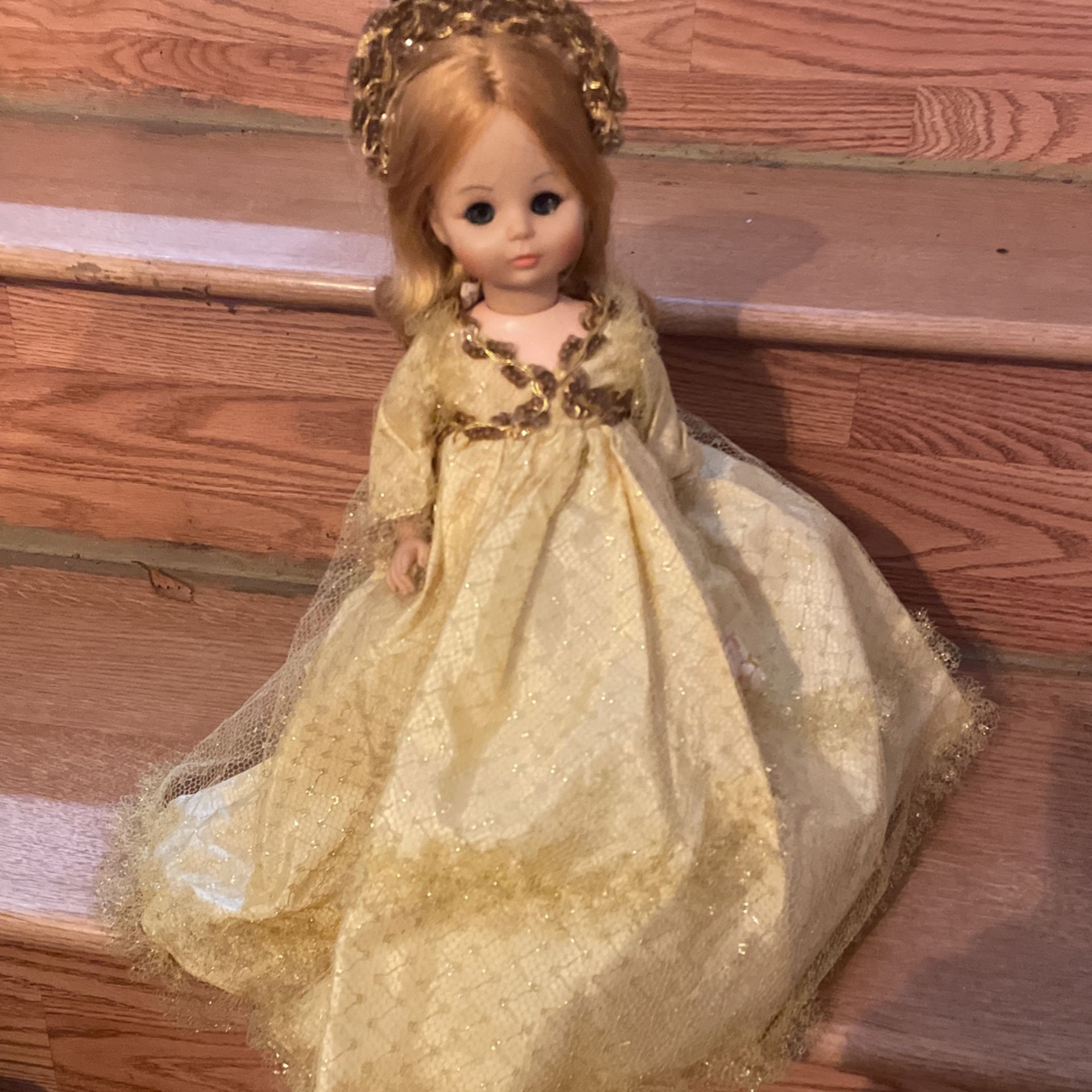 Antique 12” Standup Doll On A Stand In Gold Blond & Blinking Eyes