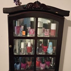 “Wall-Mounted Wooden Nail Polish Display Cabinet with Glass Door – Includes Assorted Nail Polish Lot”