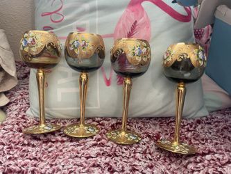 Vintage Venetian Murano Tre Fuochi Glass Goblets - Set of 4