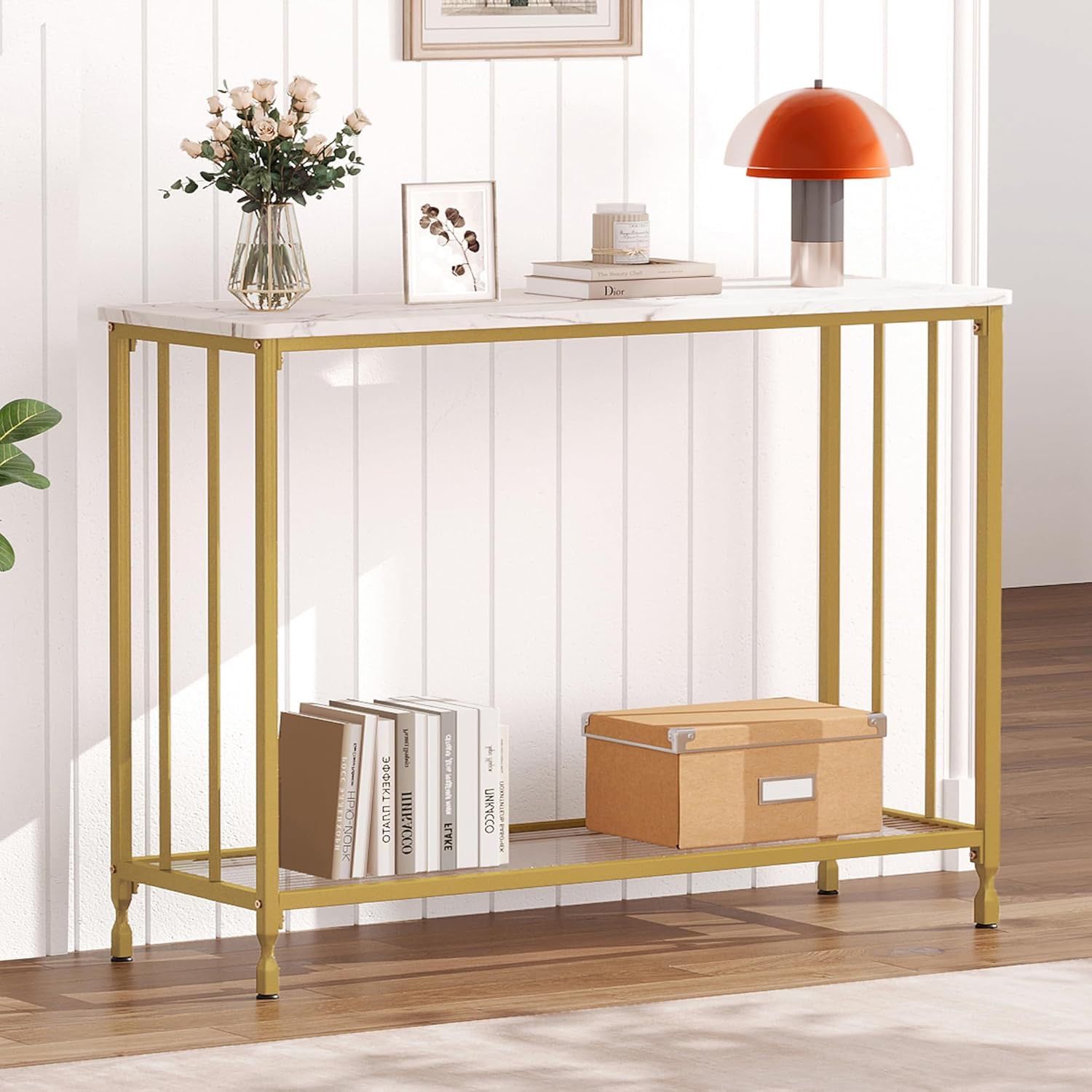Gold Console Table: Glass & Metal. 33.5”