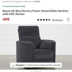Rayna Ink Blue Nursery Power Swivel Glider Recliner with USB | Rocker