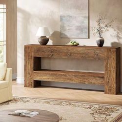 F2473 Solid Wood Console Table, 63-Inch Farmhouse Entryway Table with 2-Tier Storage Shelf, Rustic Wooden Narrow Long Sofa Table Behind Couch for Entr
