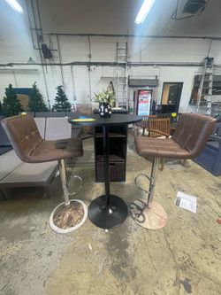 3-Piece Bar Table Set, Round Cocktail Table and PU Leather Adjustable Swivel Chairs, Modern Counter Height Table Set with 2 Bar Stool for Kitchen, Off