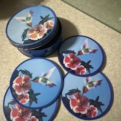 Vintage Hummingbird Floral Coasters w/ Holder – Blue Lacquer Tropical Set of 4