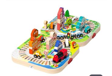 Wooden Track City Building Blocks Ages 3+ With Portable Storage Pretend Playset Gift For Kids by WISHLAND