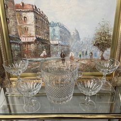 Vintage 6 1/2” H Heavy Cut Crystal Ice Bucket with Handles and/or Vintage Cut Crystal Coupe Glasses – Set of 4