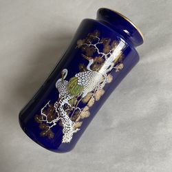 Vintage Japanese Cobalt Blue Crane Vase