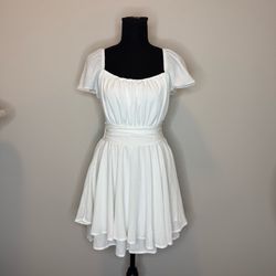 White Square-Neck Short Romper with Cinched Waist and Flutter Sleeves