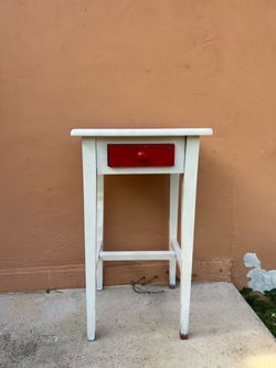White Wood Side Table with Red Drawer