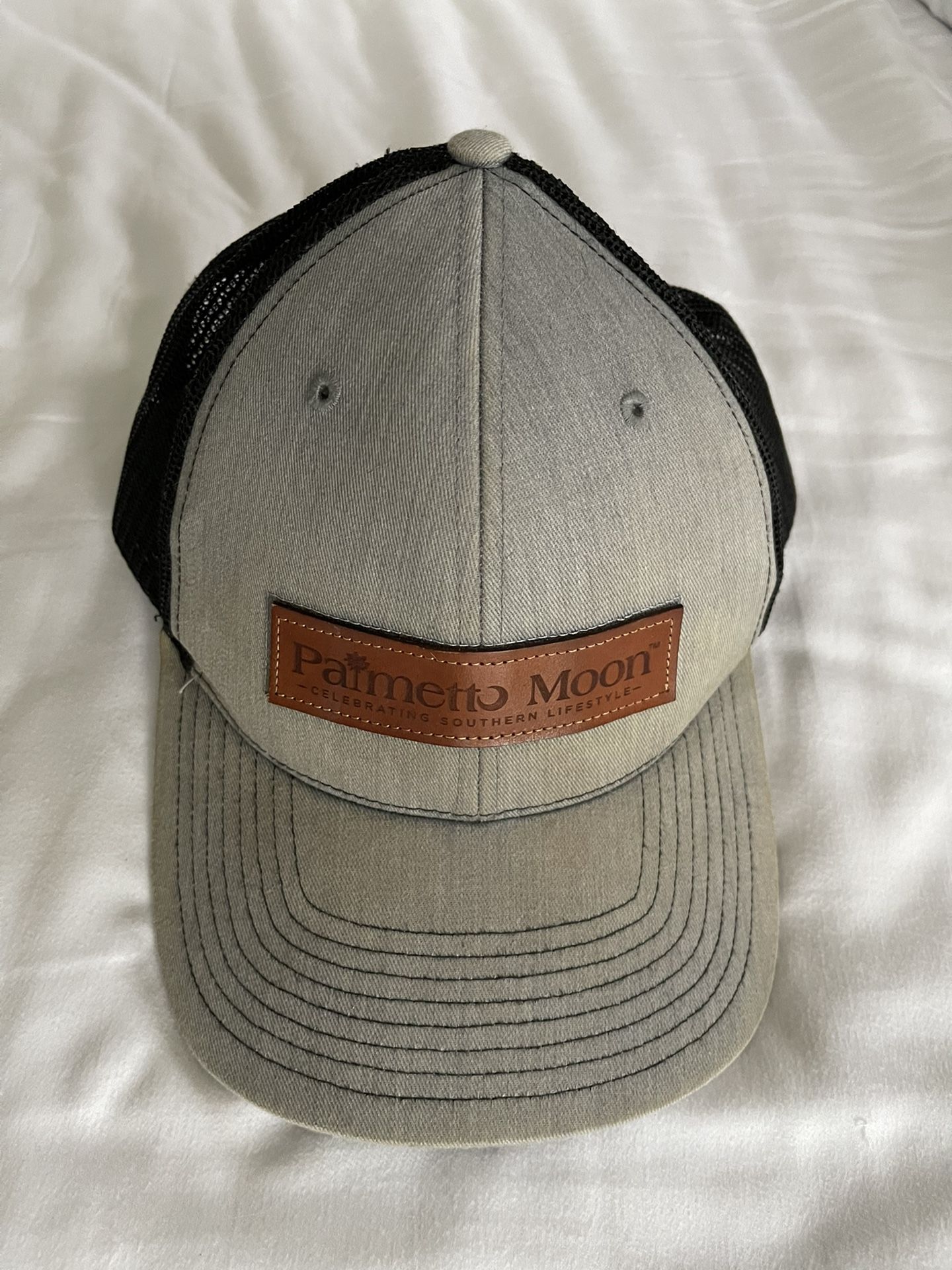 Palmetto Moon Hat Cap Laser Engraved Leather Patch Gray Black Trucker SnapBack