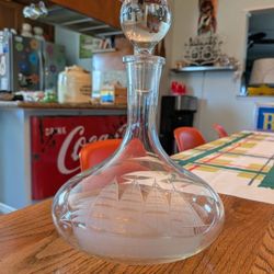 Vintage Mid Century Liquor Alcohol Decanter With Etched Ship Design Barware  Nautical 