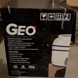 GEO Porcelain Ceramic Crock Water Dispenser w/ Stand -Blue Stripe