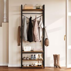 Small Heavy Duty Clothes Rack with Storage Shelves and Hanging Rod, Industrial Hall Tree Garments Rack, Freestanding Closet Organizer for Small Space,