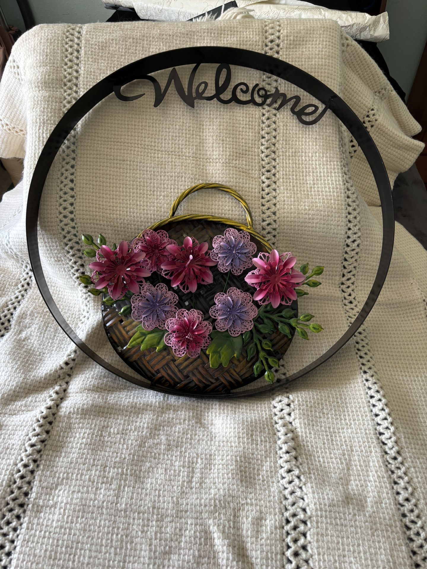 Colorful Floral Pink Purple Metal Round Decor Wall Door 21.5” Large Cottage